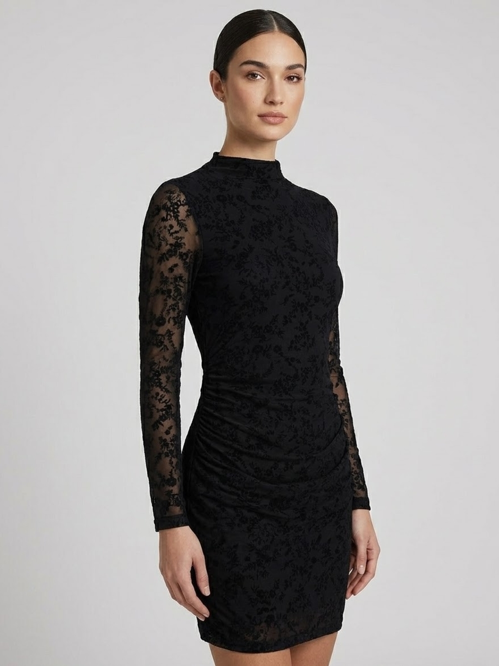 Black Lace Long-Sleeve Mock Neck Dress